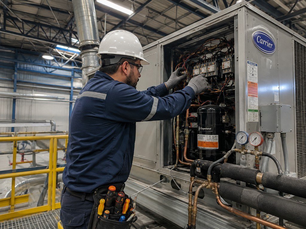 Técnico de refrigeración industrial trabajando en unidad Carrier